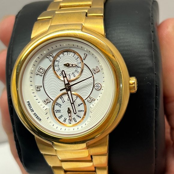 Philip Stein Men's Watch All St Steel 10ATM Water Resistant Gold, EUC - Picture 1 of 5